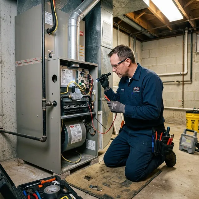 HVAC technician inspecting an Oakland home furnace